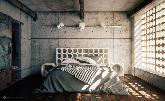 Industrial bedroom with concrete floors